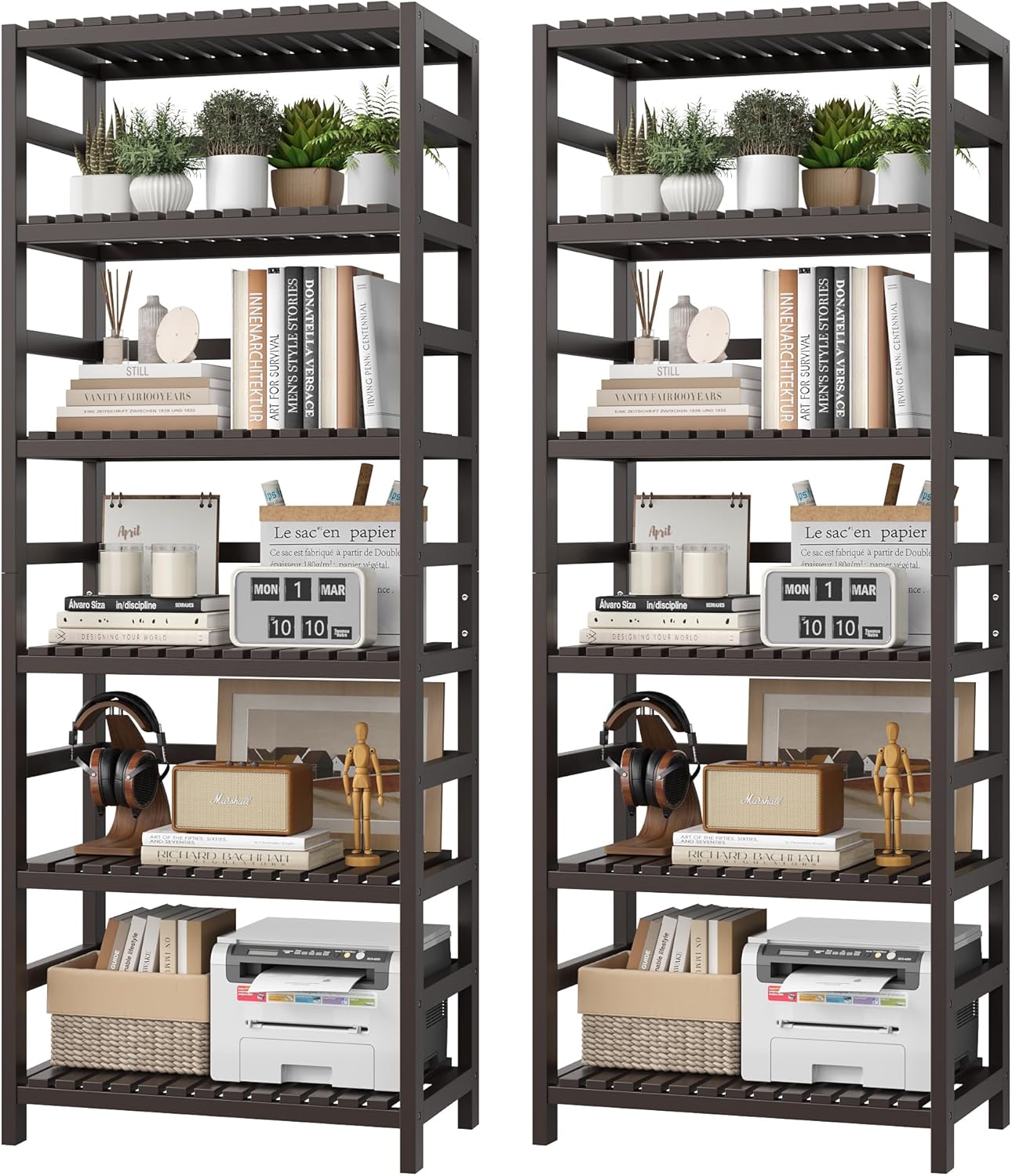 FOTOSOK 6-Tier Bamboo Shelf Set of 2, Bamboo Bookcase with Adjustable Shelves, Free Standing Storage Shelf Unit and Plant Flower Stand, Tall Large Bookshelf for Kitchen, Bathroom, Home Office, Vintage - Décor Diaries
