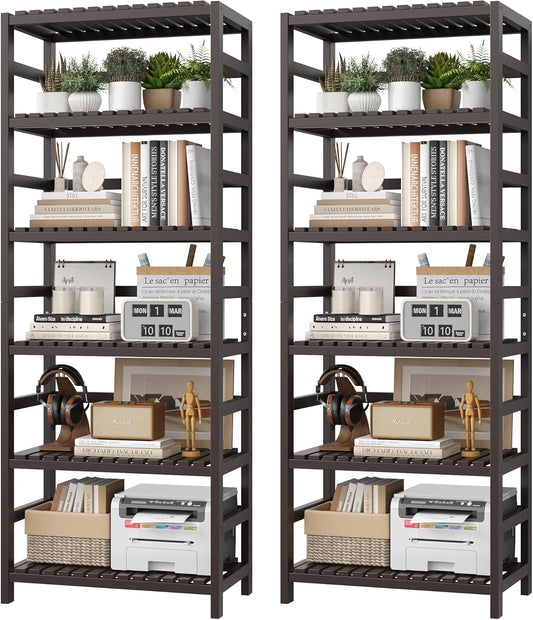 FOTOSOK 6-Tier Bamboo Shelf Set of 2, Bamboo Bookcase with Adjustable Shelves, Free Standing Storage Shelf Unit and Plant Flower Stand, Tall Large Bookshelf for Kitchen, Bathroom, Home Office, Vintage - Décor Diaries