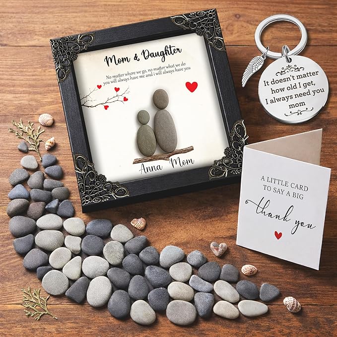 vinacreations Personalized Mom Dad Birthday Gift from Daughter or Son, Custom Pebble Art Frame, Engraved Mom Keychain, Parent Ever Keepsake for Mother’s Day or Valentine’s Day
