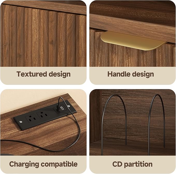 Large Round Record Player Stand with Vinyl Record Storage & Charging Station, Modern Turntable Cabinet with Power Outlet and USB Ports for Living Room and Bedroom (Walnut)