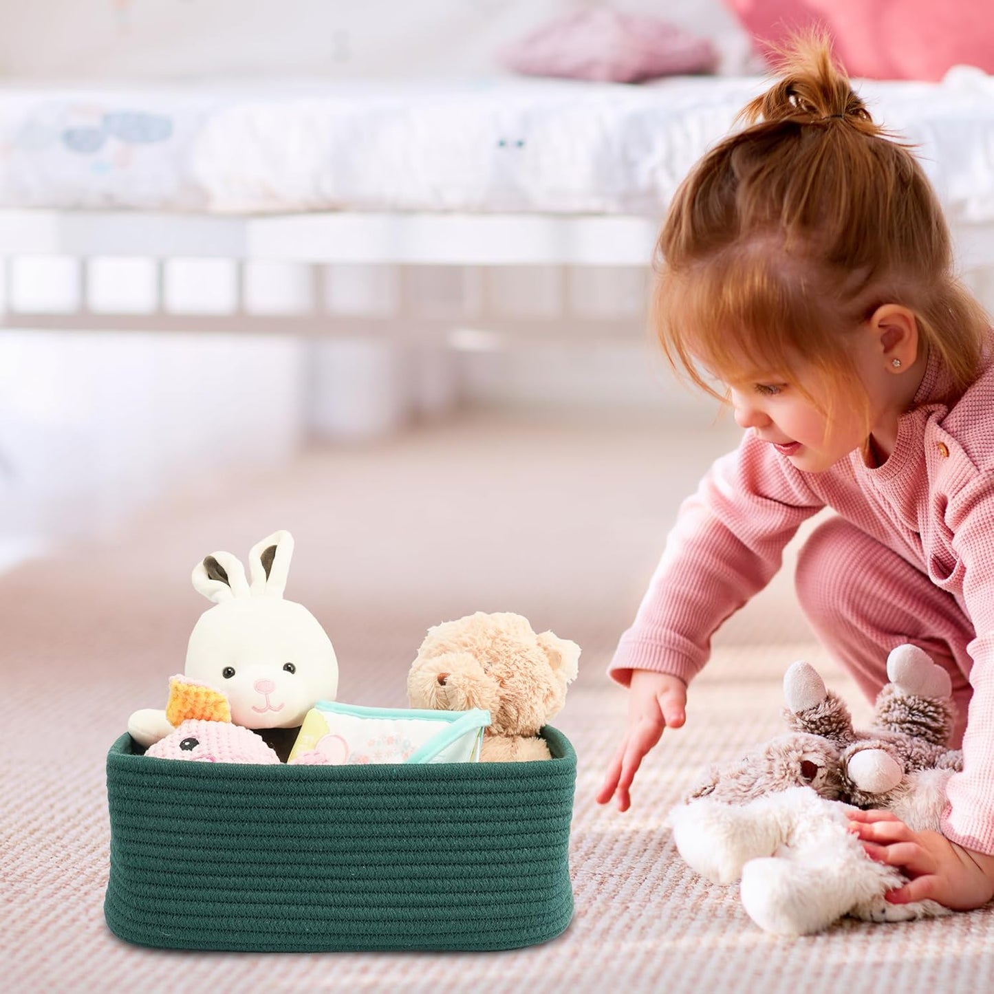 Small Woven Storage Baskets 12“X8”X5“ Decorative Rope Bins for Organizing Shelves, Closets, and Toys, Empty Gift Baskets, Cute Organizer Basket for Home and Office (dark green, regular)