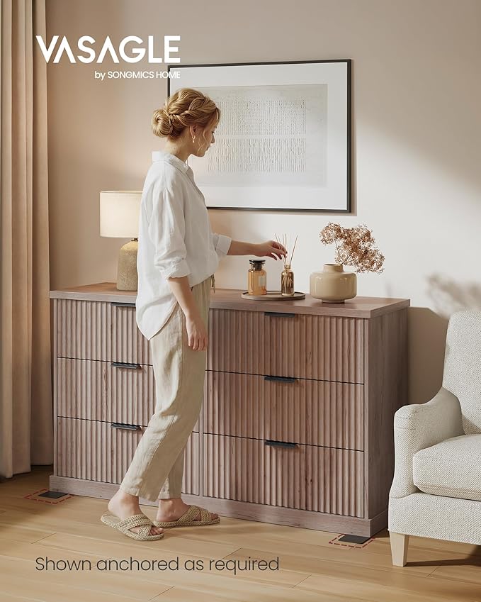 VASAGLE MAXE Collection - 6-Drawer Double Dresser for Bedroom, 54.2-Inch Wide Chest of Drawers, Fluted Panels, Mid Century Modern Storage Dresser, TV Stand for Living Room, Washed Gray ULTS662FD01S