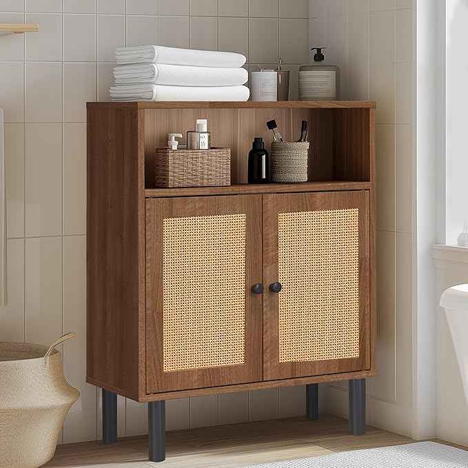 Rattan Storage Cabinet, Boho Accent Cabinet with Double Doors, Small Freestanding Sideboard for Hallway, Laundry Room,Kitchen, Dining Room, Entryway (Walnut)