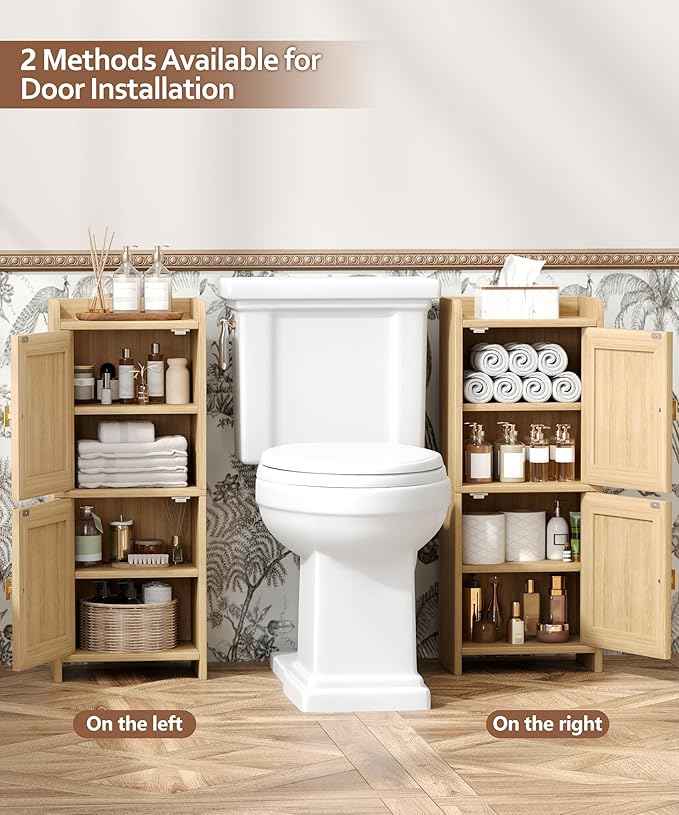 Rattan Small Bathroom Cabinet with 2 Doors, 7.9''D x 11.8''W Narrow Toilet Paper Storage Cabinet, Bathroom Organizer for Small Space, Wooden Slim Corner Unit with Adjustable Shelf, Natural Oak