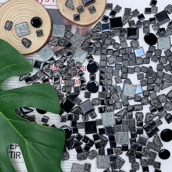 LITMIND 1.1 LB Black Irregular Glass Mosaic Tiles with Backing, Assorted Mosaic Shapes for Creative Crafts – Ideal for Adult Mosaic Kits, Puzzles, and Artwork Projects
