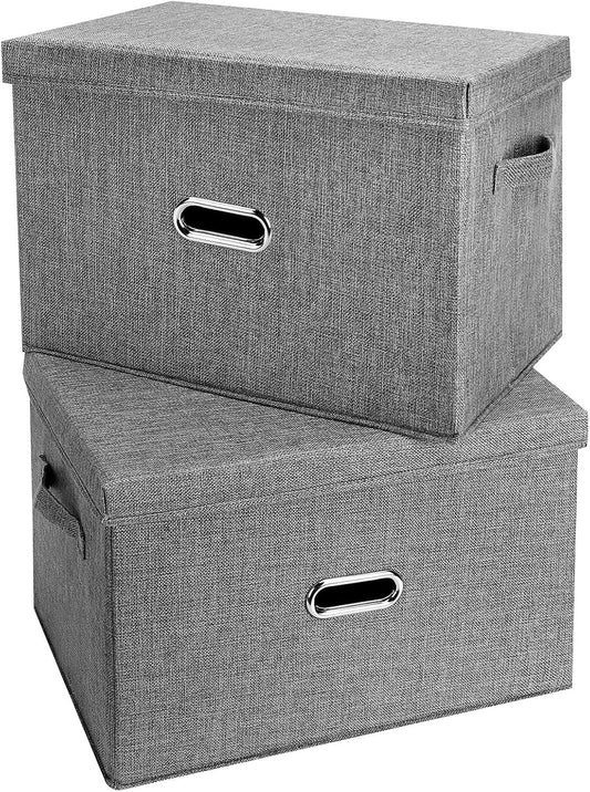 Large Linen Fabric Foldable Storage Bins with Removable Lid and Handles, Washable Storage Box Organizer Containers Baskets Cube with Cover for Bedroom,Closet,Nursery (Grey, XXL(2-Pack))