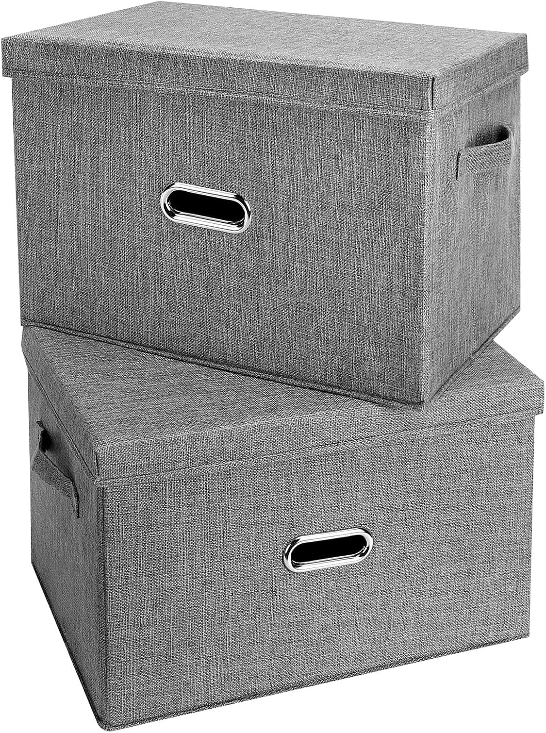 Large Linen Fabric Foldable Storage Bins with Removable Lid and Handles, Washable Storage Box Organizer Containers Baskets Cube with Cover for Bedroom,Closet,Nursery (Grey, Large(2-Pack))