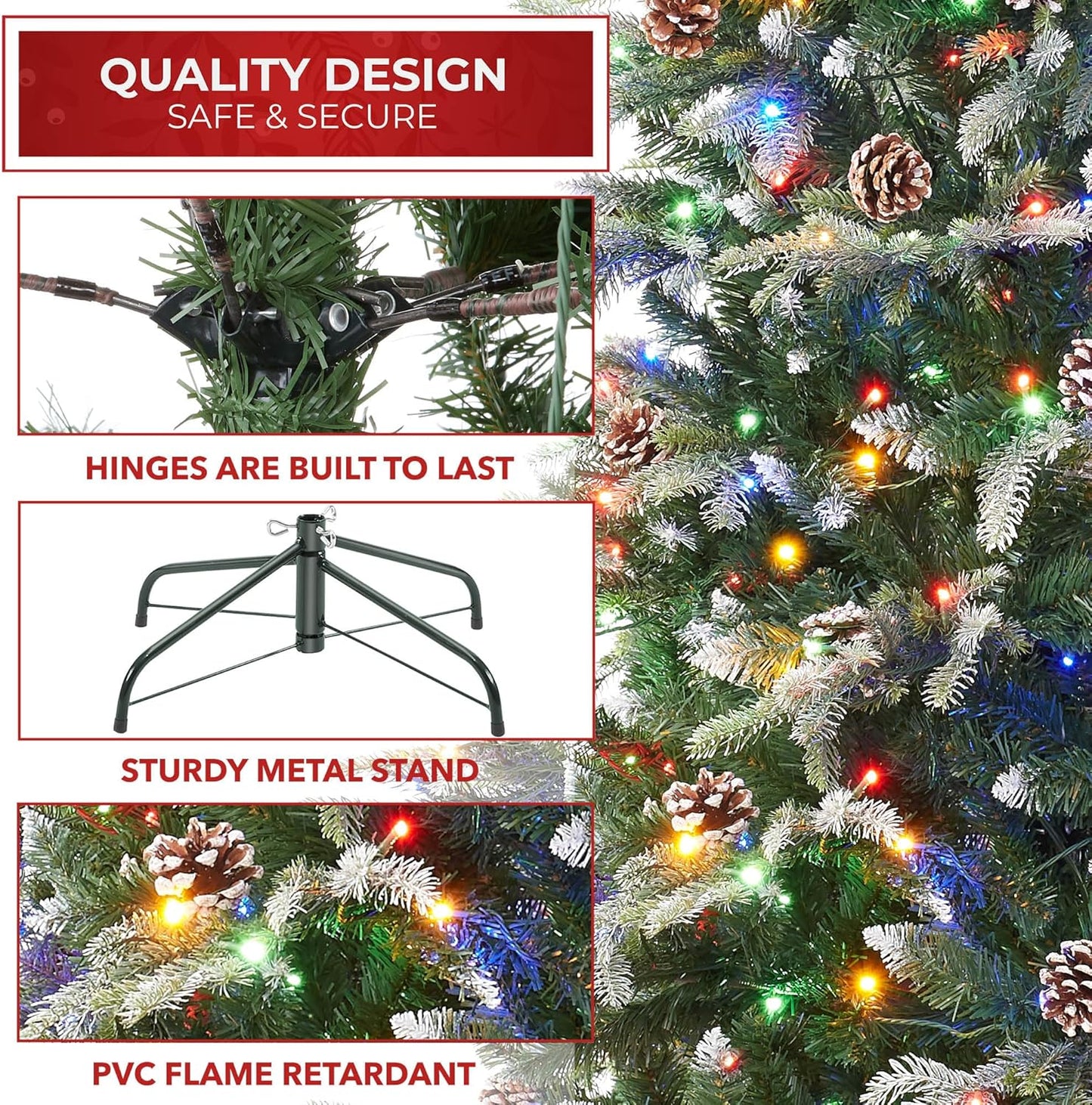 Casafield 6.5FT Pre-Lit Frosted Slim Aspen Fir Artificial Holiday Christmas Tree with White & Multicolored LED Lights, Partially Flocked Realistic Noble Fir with Metal Stand