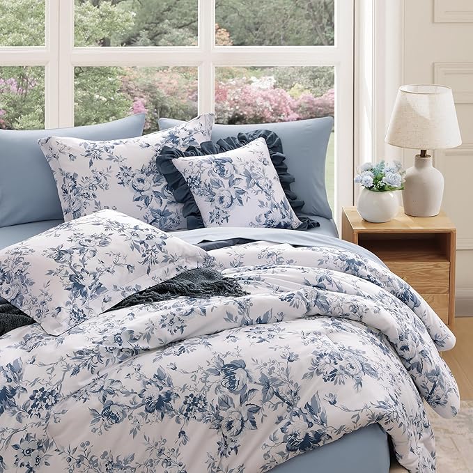Full Comforter Set -7 Pieces Floral Blue Comforter Set for All Seasons, Bed in a Bag Full with Botanical Flowers Comforter, Sheets, Pillowcases & Shams