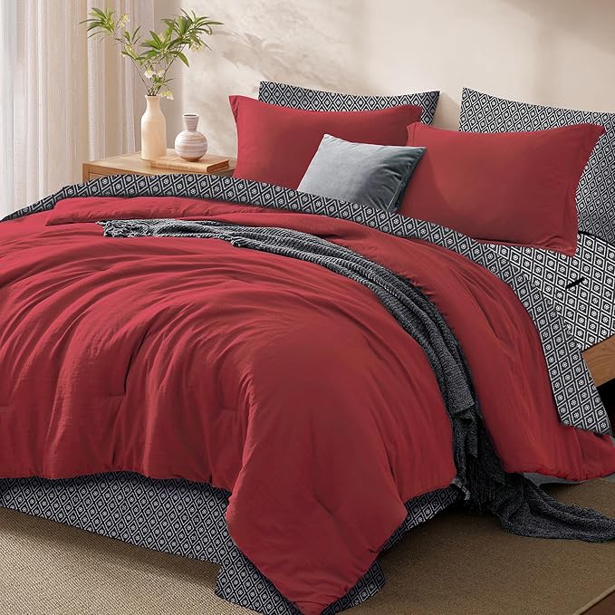 Monbix Full Size Comforter Set - 7 Pieces Bright Red Prewashed Bed in a Bag Full Bedding Sets with Comforters, All Seasons Ultra Soft Comforter Bed Set with Sheets, Pillowcases & Shams