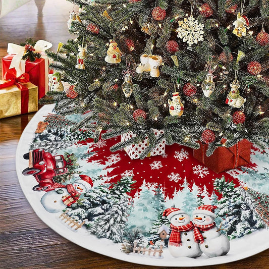 Christmas Tree Skirt 48 Inch, Red Snowman Trucker Xmas Tree Skirts, Winter Christmas Trees Mat for Home Party Holiday Indoor Outdoor Decorations