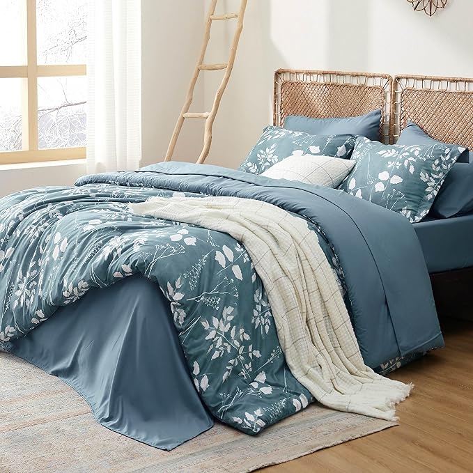 Bedsure Full Size Comforter Set - 7 Pieces Floral Mineral Blue Soft Bedding Sets, Full Bed in a Bag with Botanical Flowers Comforter, Sheets, Pillowcases & Shams