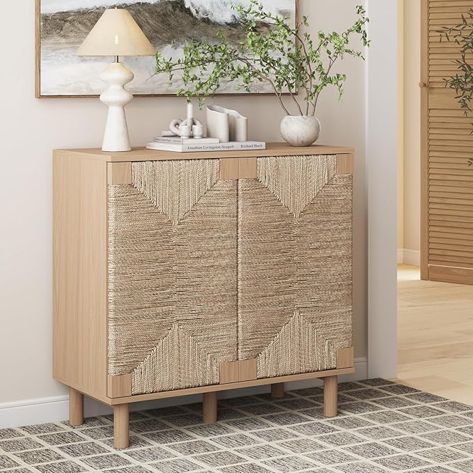 Nathan James Beacon Boho Accent Cabinet with Doors, Free Standing Kitchen Cabinet Storage with Adjustable Interior Shelf and Seagrass Accent, Seagrass/Raw Oak
