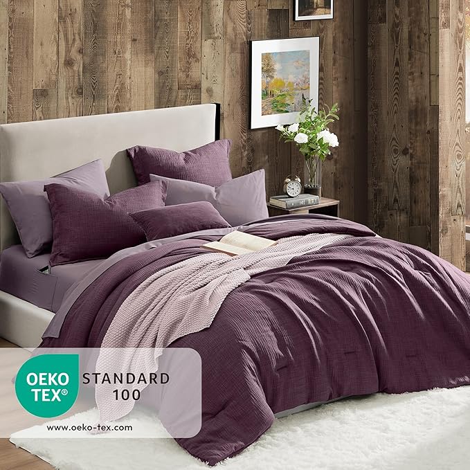 Geniospin Purple Full Comforter Set - 7 Pieces Eggplant Comforter Full Size, Solid Bedding Set for All Season, Textured Bed in a Bag with Sheets