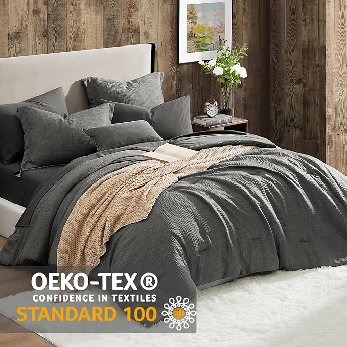 Geniospin Full Comforter Set - 7 Pieces Comforter Full Size, Solid Bedding Sets for All Season, Textured Bed in a Bag with Flat Sheet and Fitted Sheet, Pillowcases and Shams (Grey, 80''x90'')