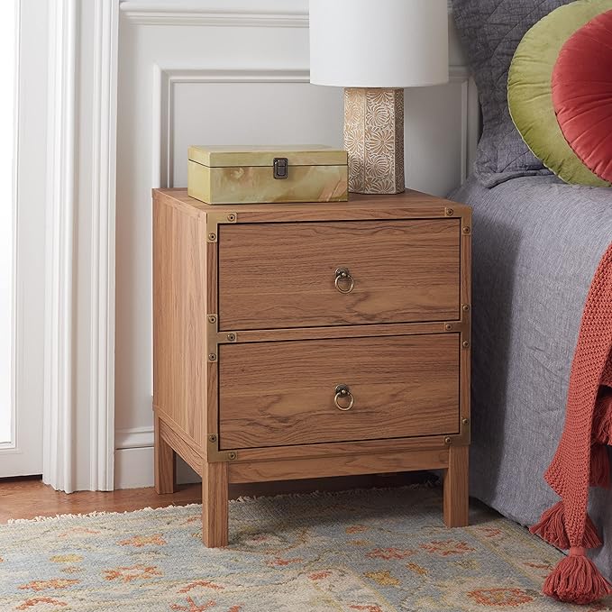 SAFAVIEH Home Collection – Galio Oak & Gold 2-Drawer Nightstand, Vintage-Inspired Bedside Table with Storage for Bedroom (NST9600D)