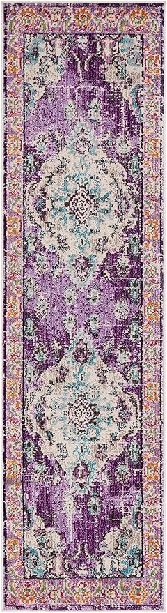 SAFAVIEH Monaco Collection Runner Rug - 2'2" x 12', Violet & Light Blue, Non-Shedding & Easy to Clean, Distressed Medallion Design, Ideal for Hallway, Foyer, Entryway, Kitchen, Bedroom (MNC243L)