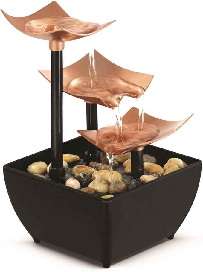 Homedics Golden Dew Relaxation Tabletop Water Fountain with 3 Tiers, Natural River Rocks, and a Quiet Pump for Soothing Zen Ambiance in Your Home or for Office Décor, Powered by 2 AA Batteries