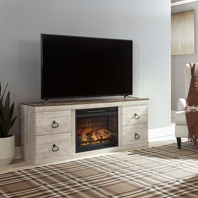 Signature Design by Ashley Willowton Cottage 60" TV Stand with Electric Fireplace for TVs up to 69", Whitewash