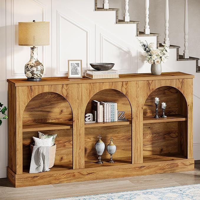 Tribesigns Farmhouse Console Table, 63-Inch Long 3-Tier Entryway Table with Storage, Wooden Rectangular Sofa Table Behind The Couch for Entrance, Hallway, Living Room, Natural Wood