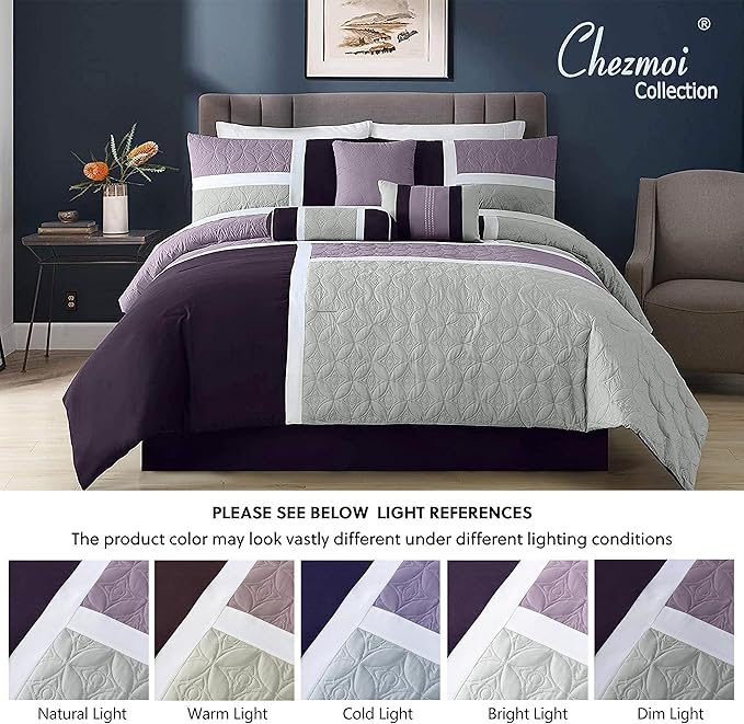 Chezmoi Collection Upland 7-Piece Quilted Patchwork Comforter Set, Lavender/Gray/Purple, Full