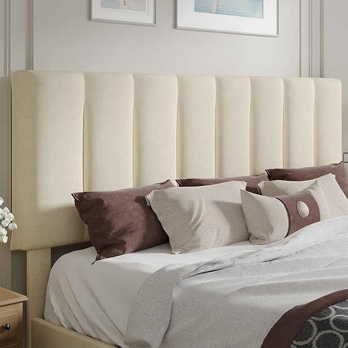 VECELO King Size Bed Frame with Upholstered Headboard, Heavy-Duty Bedframe with Strong Wooden Slats Support, No Boxing Spring Needed, Pale Beige