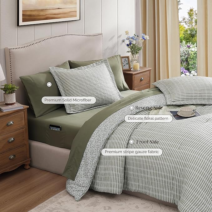Queen Comforter Set - 7 Pieces Green Gauze Muslin Bedding Sets for All Seasons, Lightweight Breathable Bed in a Bag Queen with Revesible Farmhouse Comforter, Sheets, Pillowcases & Shams