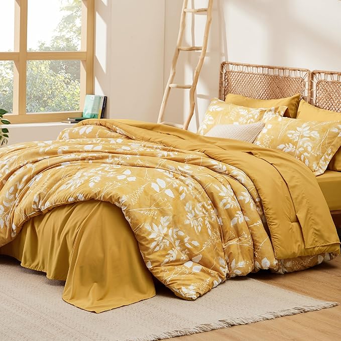 Bedsure Queen Comforter Set - 7 Pieces Floral Yellow Soft Bedding Sets, Queen Bed in a Bag with Botanical Flowers Comforter, Sheets, Pillowcases & Shams