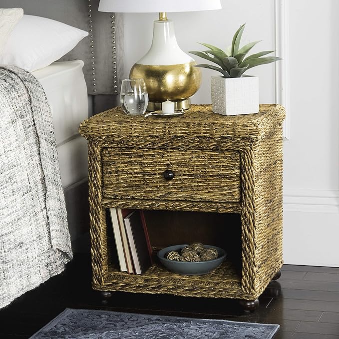SAFAVIEH Home Collection Magi Tropical Natural Brown Rattan Solid Wood 1-Drawer Nightstand Table, Fully Assembled (SEA8001A)