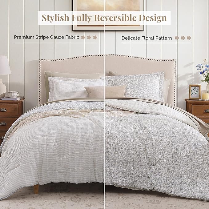 Full Comforter Set - 7 Pieces Beige Gauze Muslin Bedding Sets for All Seasons, Lightweight Breathable Bed in a Bag Full with Revesible Farmhouse Comforter, Sheets, Pillowcases & Shams