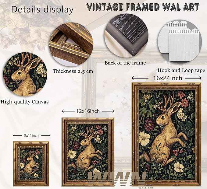 Vintage Gold Framed Bunny Wall Art Dark Botanical Cottagecore Mythical Folklore Art Painting Canvas Prints Dark Academia Floral Poster Gothic Hare Picture Artwork for Bedroom Living Room Home Decor