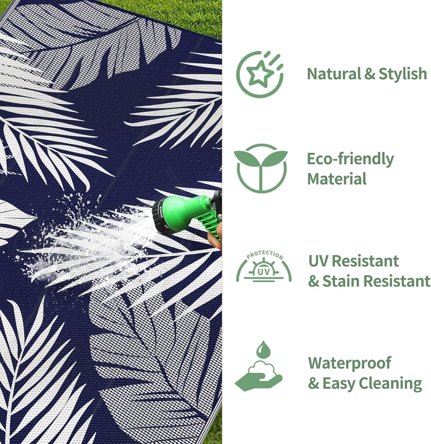 GENIMO Outdoor Rug 9' x 18' Waterproof for Patios Clearance, Reversible Outdoor Plastic Straw Camping Rug Carpet, Large Area Rugs Mats for RV, Camper, Deck, Balcony, Porch, Beach, Navy Blue&White