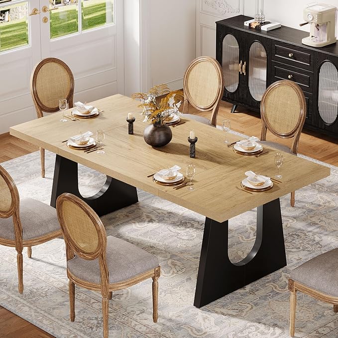 Tribesigns Large Dining Table for 6-8 People, 70.9-Inch Wood Rustic Rectangular Table with Black Wooden Legs, Farmhouse Center Kitchen Table for Dining Room, Living Room, Home Furniture, Oak and Black