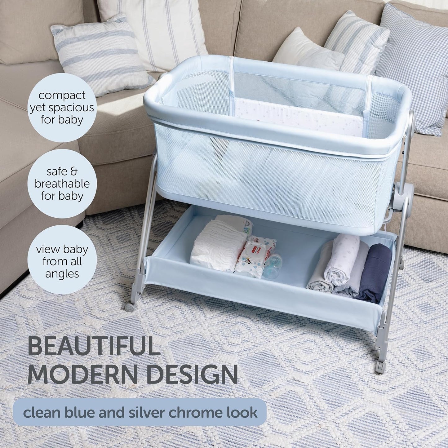 Baby Bedside Sleeper - Bassinet & Bedside Crib with Height Adjustment & Wheels - Can Be Placed Next to Bed - Attaches to Parents Bed - Easy to Fold & Carry Bassinet for Boys (Blue)