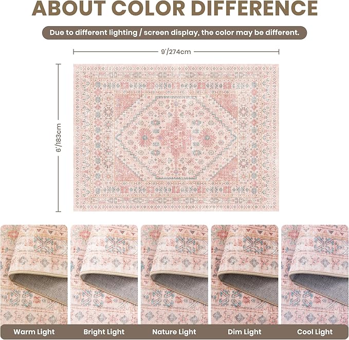 zesthome 6x9 Washable Rugs for Baby Girl, Super Soft Pink Rugs for Nursery Room, Non-Slip Stain Resistant Bedroom Rug, Ultra-Thin Large Area Rug (Pink/Blue,6'x9')