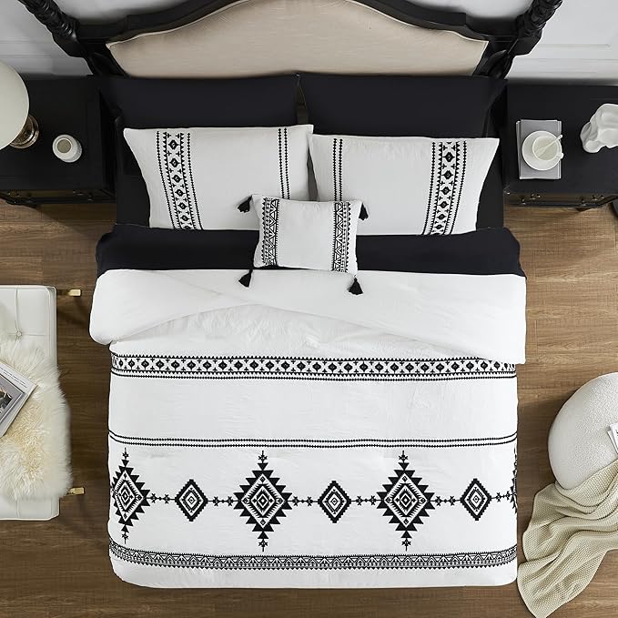 MaiRêve Embroidery Comforter Set, Boho Farmhouse Western Bedding Set, All Season Bed in A Bag Comforter Set with Sheets, Pillowcases & Shams, White Full 7 Pieces