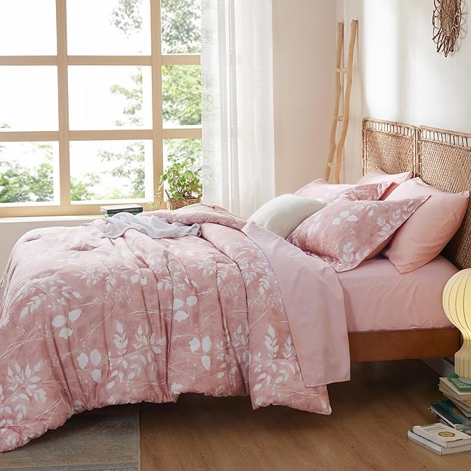 Bedsure Full Size Comforter Set - 7 Pieces Floral Pink Soft Bedding Sets, Full Bed in a Bag with Botanical Flowers Comforter, Sheets, Pillowcases & Shams