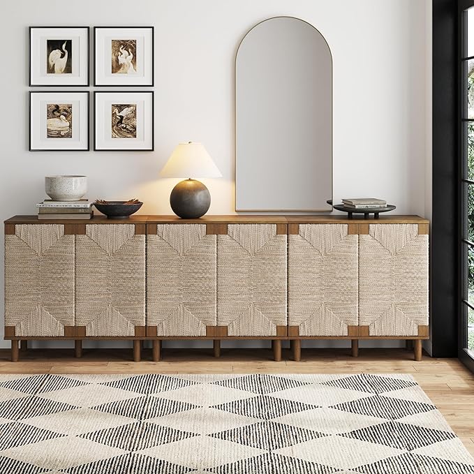 Nathan James Beacon Boho Accent Cabinet with Doors, TV Stand with Adjustable Interior Shelf and Seagrass Accent, Dark Brown, Set of 3