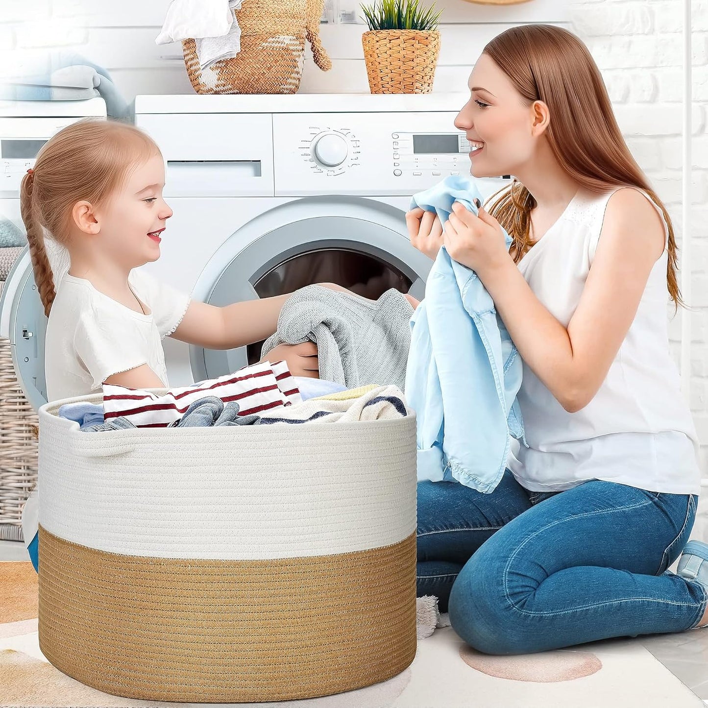 Ravinte Blanket Basket - 20"x 20"x 13" Cotton Rope Basket for Living Room, Baby Toy Storage Basket, Large Woven Laundry Basket (White -Brown)