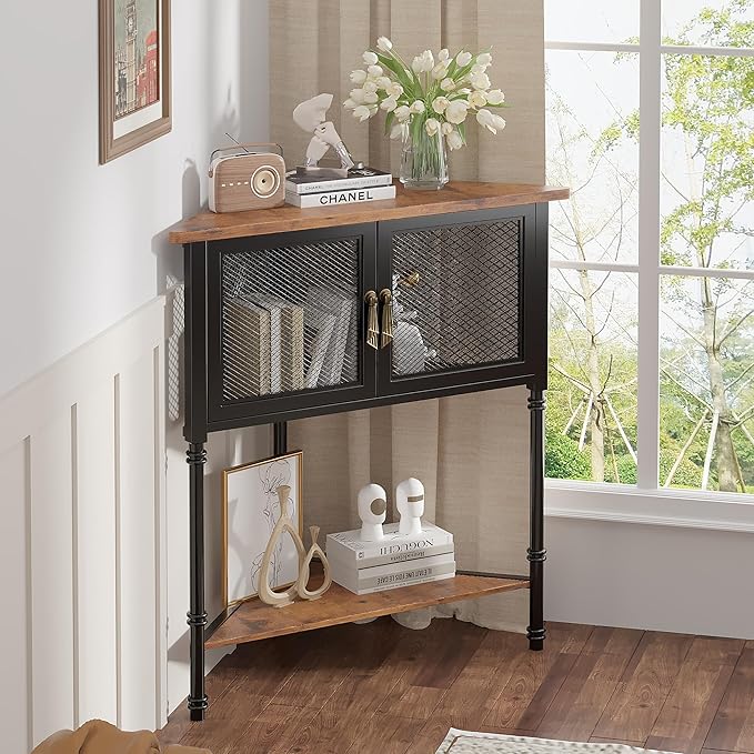 VECELO Corner Cabinet/Table, 3-Tier Display Shelves with Protection Door, Metal Frame Storage Shelf Organizer for Small Space, Living Room, Kitchen, Bathroom