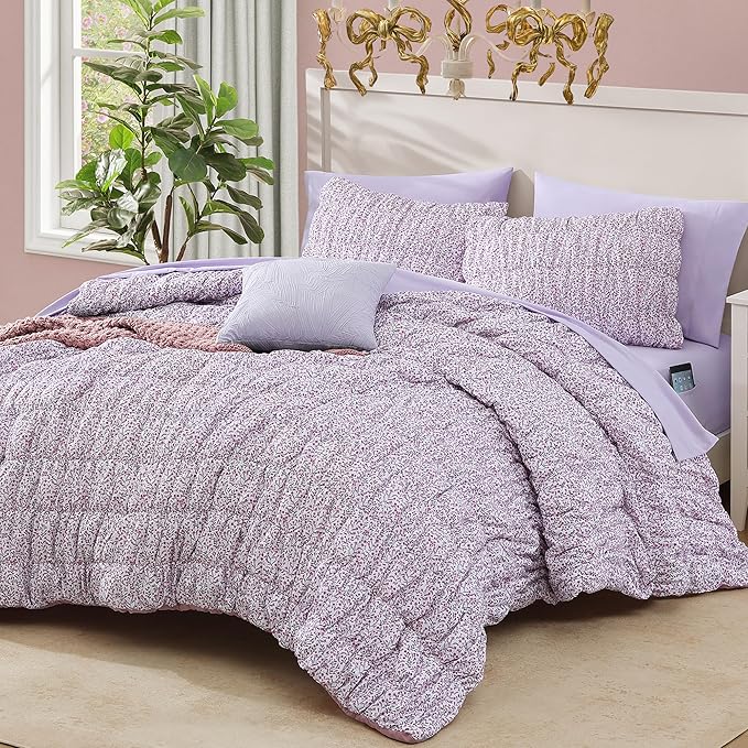 King Comforter Set - 7 Pieces Light Purple Puff Floral Bedding Sets for All Seasons, Shabby Chic Farmhouse Bed in a Bag King with Wildflowers Fluffy Comforter, Sheets, Pillowcases & Shams