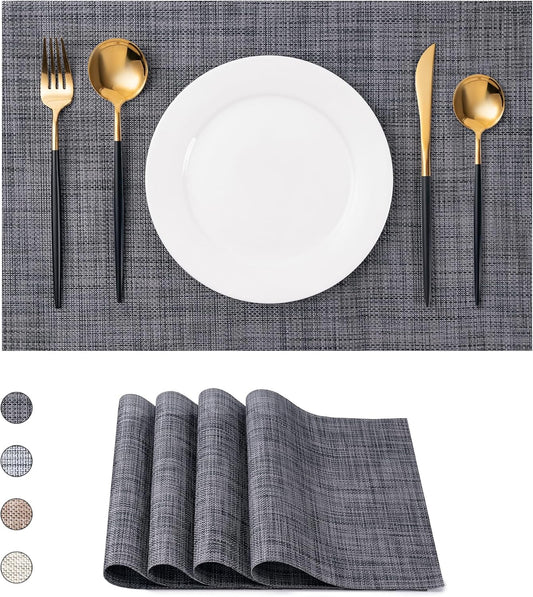 CADONO Placemats Set of 4 Washable Indoor/Outdoor Vinyl Place Mats for Dining Table Durable Non-Slip Heat Resistant PVC Weave Table Mats（Black）