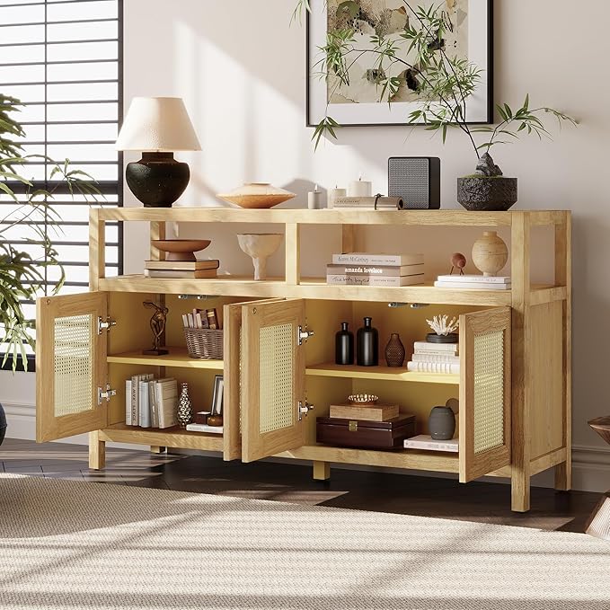 Ball & Cast 60" Rattan Buffet Sideboard Cabinet with Storage, Modern Boho Coffee Bar w/Push-to-Open Doors & Adjustable Shelves, Wood Console Cabinet for Kitchen,Livingroom & Dining Room, Natural