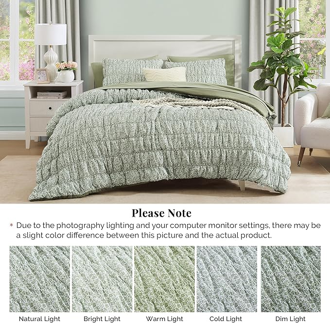 King Comforter Set-7 Pieces Sage Green Classic Puff Floral Bedding Sets for All Seasons,Shabby Chic Farmhouse Bed in a Bag King with Wildflowers Fluffy Comforter,Sheets, Pillowcases & Shams