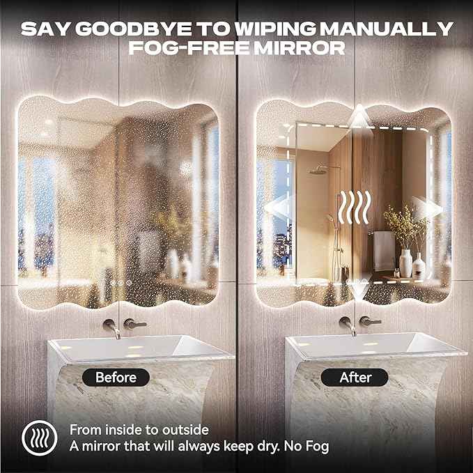 Hasipu Wavy Full Length Mirror with Lights - 36"×36" LED Wavy Floor Mirror, Frameless, Dimmable, Standing or Vertical/Horizontal Wall-Mounted Mirror for Bedroom, Living Room, Cloakroom