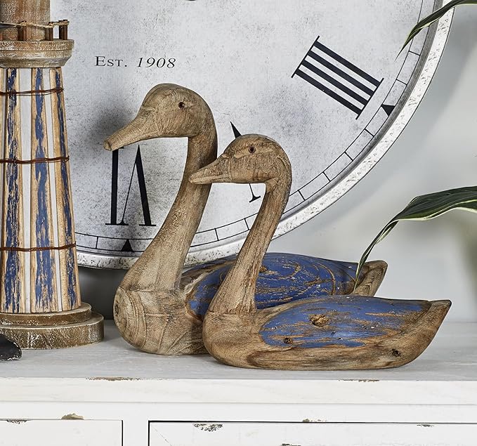 Deco 79 Wood Duck Decorative Sculpture Home Decor Statues, Set of 2 Accent Figurines 13", 11"W, Brown