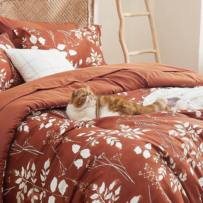 Bedsure Queen Comforter Set - 7 Pieces Floral Terracotta Soft Bedding Sets, Queen Bed in a Bag with Botanical Flowers Comforter, Sheets, Pillowcases & Shams