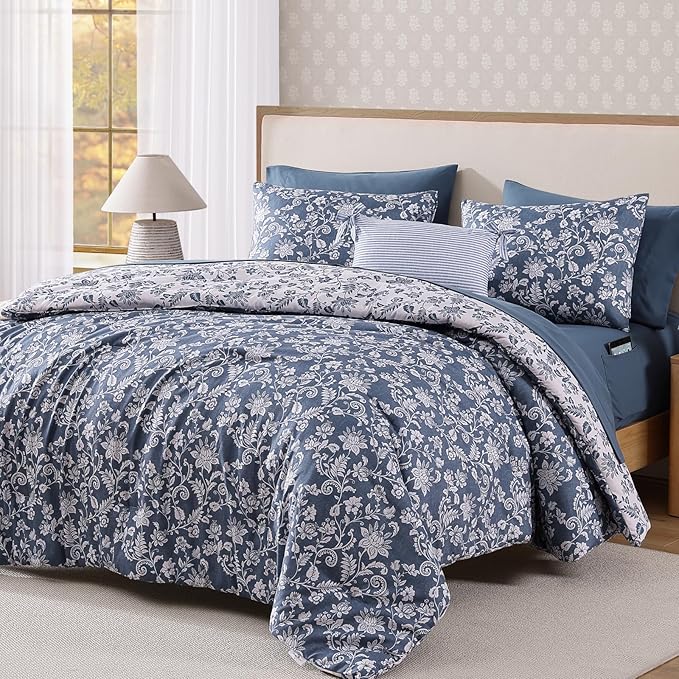 King Comforter Set -7 Pieces Floral Oxford Blue Comforter Set for All Seasons, Bed in a Bag King with Botanical Flowers Comforter, Sheets, Pillowcases & Shams