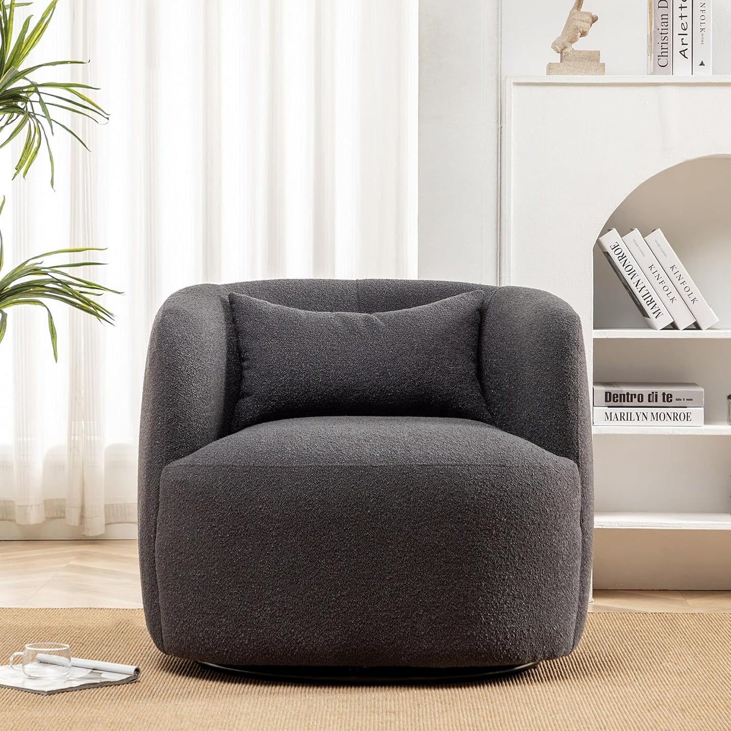 KINWELL 34" Wide Boucle Swivel Barrel Chair, No Assembly Round Upholstered Armchair Accent Chair Single Sofa Chair with Toss Pillow for Living Room and Bedroom, Dark Grey