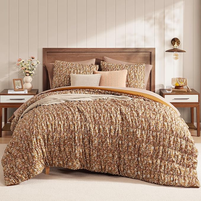 Full Size Comforter Sets-7 Pieces Puff Brown Floral Bedding Set for All Seasons, Shabby Chic Farmhouse Bed in a Bag Full with Floral Comforter, Sheets, Pillowcases & Shams